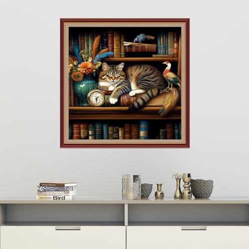Dooxvey Cross Stitch Kits for Adults Beginners,Full Range of Cross-Stitch Stamped Kits Needlepoint Kits for Beginners Embroidery Kits 11CT Cross Stitch Patterns-Bookshelf Sleeping Cat 18x18 inch - Image 2