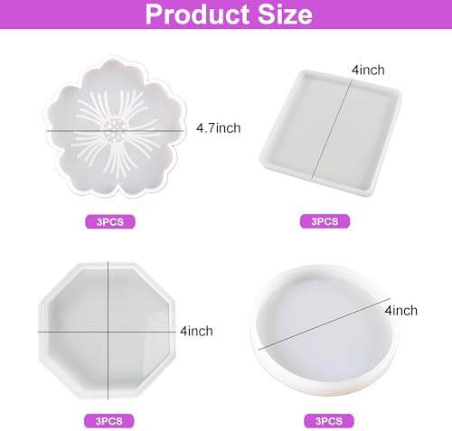 Resin Coaster Molds,Silicone Molds for Resin,12PCS with Round,Square,Octagon, Flower Coaster Molds for Epoxy Resi n,4 Shapes Silicone Molds for DIY Art,DIY Gift for Women - Image 5