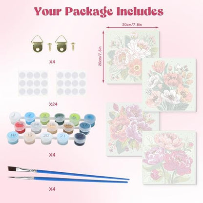Lxmsja 4 Pack Colorful Peony Quartet Paint by Numbers Kit for Adults, Easy Framed Paint by Numbers for Adults Beginner, DIY Acrylic Oil Painting Craft Kits for Home Wall Decor 8x8 inch - Image 6