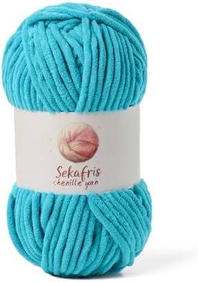 Chenille Blanket Yarn for Crocheting Size 5 Bulky Yarn Lake Blue by Sekafris