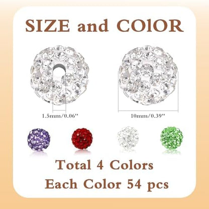 Jukercici 216 Pcs 10mm Clay Rhinestone Beads, Glitter Sparkle Baseball Bead, Shiny Disco Ball Design Beads for Jewelry Making, Craft Supplies for Adult Bracelets Necklaces Earrings Decoration (Kit 4) - Image 2