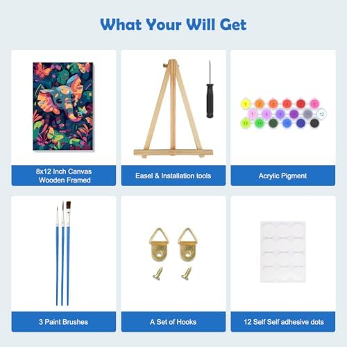 MOGTAA Elephant Paint by Numbers Kit for Adults Beginners with Frame, Butterfly Adult Paint by Number Kits on Canvas with Easel, Easy DIY Landscape Oil Painting Kits for Home Decor, 8x12in - Image 5