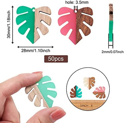 FASHEWELRY 50Pcs Resin Wooden Pendants Mixed Color Monstera Leaf Vintage Resin Wood Statement for DIY Necklace Earring Making - Image 2