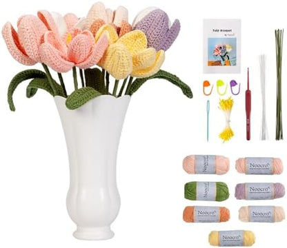 Noocro Crochet Kit Flower Bouquet, Rose, Lily Myosotis, Poppy, Tulip and Orchid with Video Tutorial and Detailed Instructions, Complete Kit Craft Supplies Holiday Gift (Tulip) by Noocro
