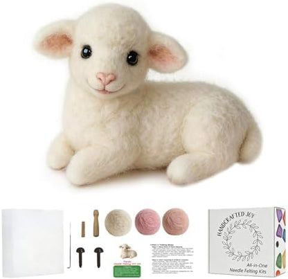 DIY Needle Felting Kit Cute White Lamb Lying – Needle Felting Starter Kit with Fiber Roving, Needles, Felting Pad & Instructions | Felted Farm Animal Kit for Beginners Adults | DIY Craft Gift by FaceNFace