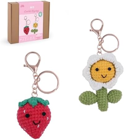 HOUSE CREATIVITY Crochet Keychain Kit for Beginners, Make 2 Strawberry & Sunflower Charms, Crochet Kits with Video Tutorial, Complete Set with Yarn, Hook & Keyring, Cozy Stress Relief Gift for Adults by HouseCreativity