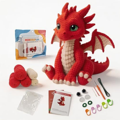 Morcolplus Dragon Crochet Kit for Adults, Advanced Fantasy Amigurumi Crochet Kit with Step-by-Step Video Tutorials, Updated Instructions and All Materials Included, DIY Yarn Craft Gift (Red) by Morcolplus