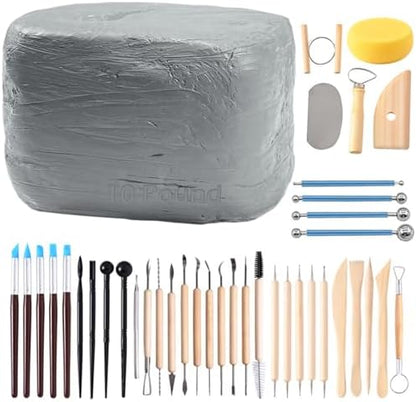ReArt Natural Air-Dry Modeling Clay - 10LBs with 40 Pcs Pottery Sculpting Tool Set, All-Purpose Clay (Gray) by ReArt
