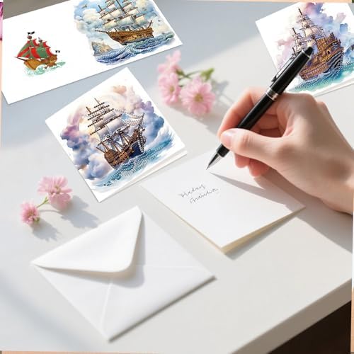 jinglinhh 12pcs Diamond Art Painting Sea Sailing Boat Greeting Cards with Envelopes, DIY Card Making Kits for Adults, Diamond Art Christmas Cards for Birthday Holiday Gifts - Image 5