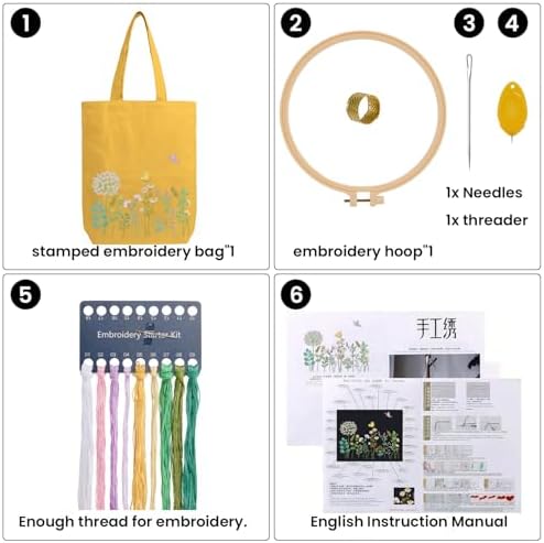 CREAWONDER Canvas Tote Bag Embroidery Kit with Pattern for Beginners, Arts and DIY Embroidery Crafts Kits for Adults, Include Instructions, Embroidery Hoops, Color Threads and Tool - Image 4