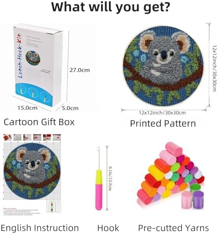 Latch Hook Rug Kit Cute Koala Portrait Easy for Beginners Round Shape Carpet Crochet Yarn Craft Mini Rug DIY Hook and Latch Little Tapestry for Home Decor 30x30cm-3 - Image 2