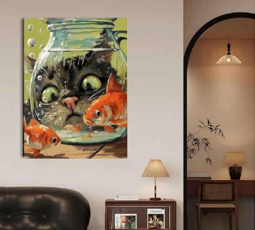 Fairyland JinWenn Curious Cat Fish Paint by Numbers Kit for Adults Framed Canvas Frameworkless - Image 6