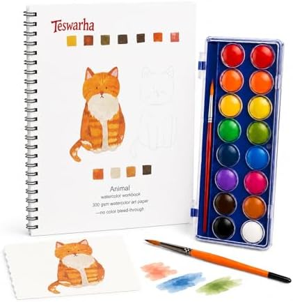 Teswarha Animals Watercolor Workbook With12 Sheets 300GSM Art Paper 16 Colors Watercolor Paint Set with 2 Watercolor Brushes Water Coloring Book Kit for Adults Teens 8.2 x 9.8in by Unknown