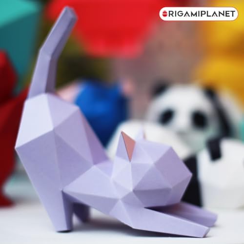 3D Origami Paper Craft Kit, Yoga Kitten Cute DIY Pre-Cut Animal Papercraft Model for Beginners, Fun Handmade Home Decoration Gift for Adults & Teens-Purple - Image 4