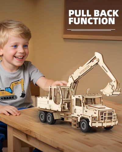 3D Wooden Puzzle for Adults, Excavator Wooden Model Car Kits - Image 3