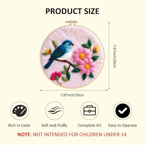Zovylks Needle Felting Kit for Adults, 7.9 Inch Wool Felt Painting DIY Craft Set for Beginners, Needle Felt Starter Kit with Picture Frame, Foam Pad, Finger Cot (Pink Flower Blue Bird) - Image 2