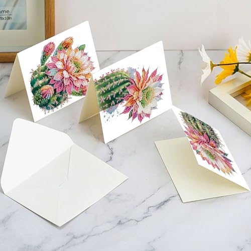 Tontut 6pcs Diamond Art Painting Kit Greeting Card, Cactus Flower 5D DIY Diamond Handmade Holiday Glitter Greeting Card with Envelope, Holiday Gift Congratulation - Image 7