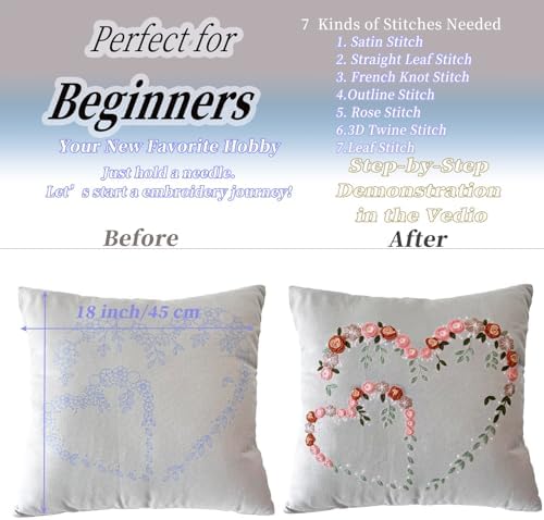 FONNUY Crewel Pillow Case Embroidery Kit, Heart Shaped Loving You Floral Stamped Pattern Kits for Audlt Beginners, Works Crafts Throw Pillow Cover Great Gift for Loved Ones, 18 x 18'' (Light Grey) - Image 3