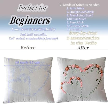 FONNUY Crewel Pillow Case Embroidery Kit, Heart Shaped Loving You Floral Stamped Pattern Kits for Audlt Beginners, Works Crafts Throw Pillow Cover Great Gift for Loved Ones, 18 x 18'' (Light Grey) - Image 3