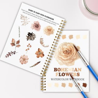 12 Boho Flower Patterns Watercolor Set, Bohemian Floral Painting Book for Beginners, Stress Relief Art Gift for Women, Relaxing DIY Workbook - Image 6