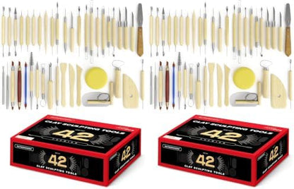 S & E TEACHER'S EDITION 42 Pcs Polymer Clay Tools, Air Dry Clay Tools, Clay Scultping Tools Double-Sided with Smooth Wooden Handles Pottery Craft Carving Molding Shaping (Pack of 2) by SETEACHERSEDITION