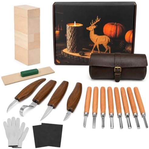 26Pcs Deluxe Wood Carving Kit, Whittling Knife Set with Leather Storage Case, Basswood Blocks & Safety Gloves, Woodworking Tools for Beginners Adults Kids, DIY Craft Gift for Men Teens by Mointech