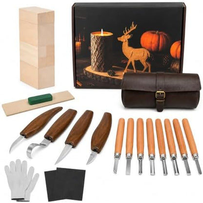26Pcs Deluxe Wood Carving Kit, Whittling Knife Set with Leather Storage Case, Basswood Blocks & Safety Gloves, Woodworking Tools for Beginners Adults Kids, DIY Craft Gift for Men Teens by Mointech