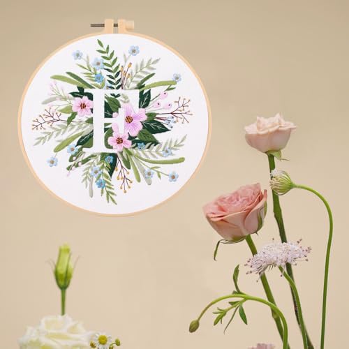 IUHUI Embroidery Kit for Beginners Adults - 26 Floral Letters Easy Patterns, DIY Hand Stitching Embroidery Set with Hoop (Flower and Grass Letter F) - Image 3
