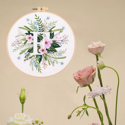 IUHUI Embroidery Kit for Beginners Adults - 26 Floral Letters Easy Patterns, DIY Hand Stitching Embroidery Set with Hoop (Flower and Grass Letter F) - Image 3