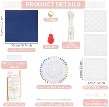 INFUNLY 3 Set Sashiko Drawstring Bag Kits Sashiko DIY Tote Bag Kit Flower Sashiko Fabric Kit for Beginners Make Your Own Tote Bag with Thread Needles Hand Sewing Set for Adults - Image 2