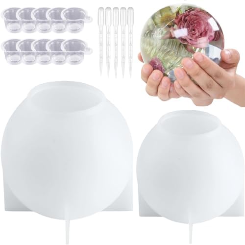 Atarvana 2 Pcs Large Sphere Resin Molds, 4.7'' & 4'' Ball Shape Silicone Molds w/ 5 Droppers & 10 Disposable Mixing Cups, Seamless Globe Epoxy Casting Mould for DIY Crafts Flower Keepsakes Home Decor by Atarvana
