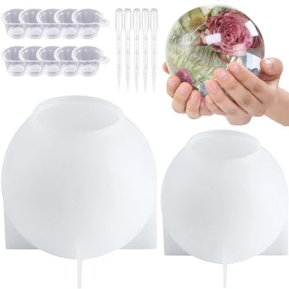 Atarvana 2 Pcs Large Sphere Resin Molds, 4.7'' & 4'' Ball Shape Silicone Molds w/ 5 Droppers & 10 Disposable Mixing Cups, Seamless Globe Epoxy Casting Mould for DIY Crafts Flower Keepsakes Home Decor by Atarvana