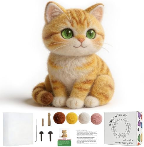 DIY Needle Felting Kit Cute Orange Tabby Cat – Needle Felting Starter Kit with Fiber Roving, Needles, Felting Pad & Instructions | Felted Cat Kit for Beginners Adults | DIY Craft Gift Home Decoration by FaceNFace