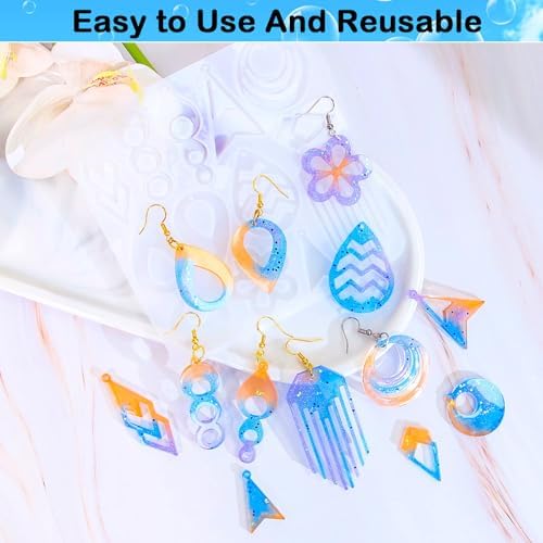 204Pcs Geometric Resin Earring Mold Kit - 4 Reusable Dual-Cavity Silicone Earring Molds for Epoxy Resin Jewelry Making with 200 Ear Hooks Jump Rings - Make Dangle Drop Charms, Keychains, Pendants - Image 7