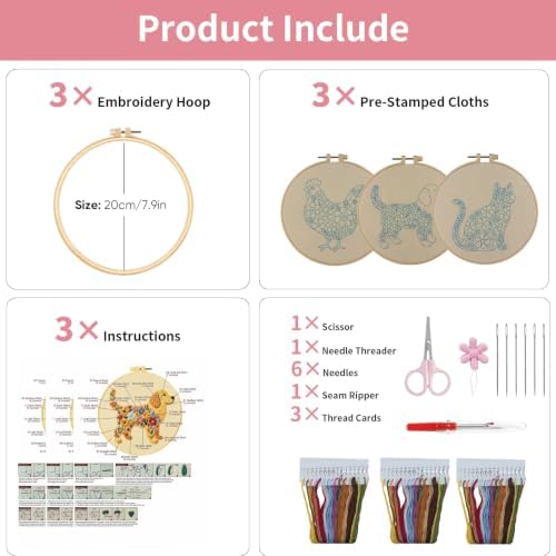3 Packs Embroidery Kit for Adults, Embroidery for Beginners (Animal) - Image 4