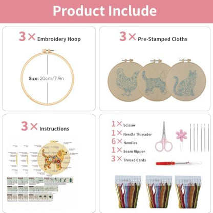 3 Packs Embroidery Kit for Adults, Embroidery for Beginners (Animal) - Image 4