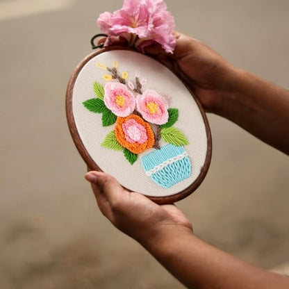 FONNUY Embroidery Kit for Beginners，3D Plants Flowers Pre-Stamped Pattern Kits Brightly Colored for Adults with Hoop (Pink Rose) - Image 3