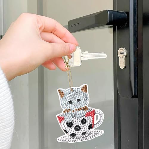 LazyFold 6Pcs Diamond Art Keychain Ornaments Kits for Adults,DIY Animals Teacup Cat Diamond Painting Keychain,Key Ring Art Pendant Tree Decor Gift（Single-Sided） - Image 4