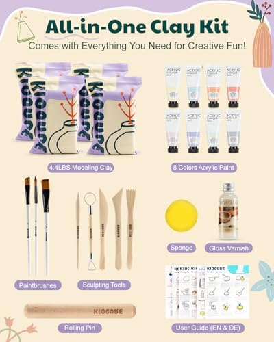 Kiocure Air Dry Clay for Adults, Pottery Tool Kit, DIY Kits for Adults with Air Dry Clay Paint & Varnish, Pottery for Beginners at Home - Image 2