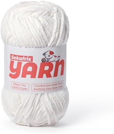 Plush Chunky Chenille Yarn for Crocheting, Soft Fluffy Velvet Yarn for Crocheting, Fuzzy Baby Blanket Knitting Yarns, 100g/131yds Bulky Amigurumi Yarns （Snow White） by Sekafris