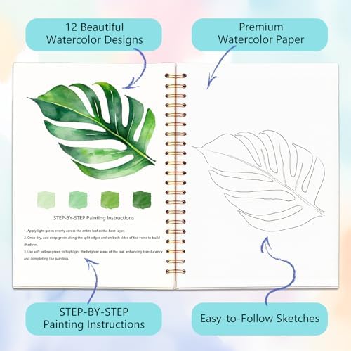Easy Watercolor Workbook for Beginners - 12 Beautiful Step-by-Step Paintings Water Coloring Book, Includes 18 Colors Paints, Relaxing Art Projects and Creative Gift for Adults & Teen (Leaves) - Image 3
