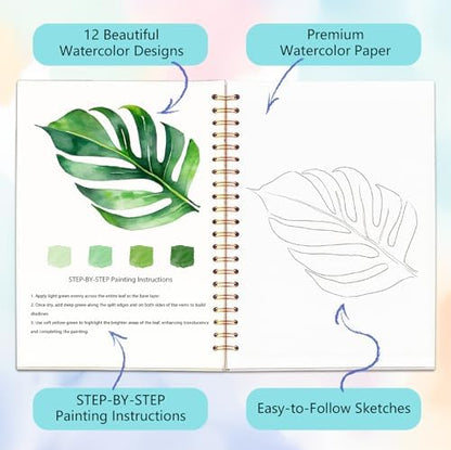 Easy Watercolor Workbook for Beginners - 12 Beautiful Step-by-Step Paintings Water Coloring Book, Includes 18 Colors Paints, Relaxing Art Projects and Creative Gift for Adults & Teen (Leaves) - Image 3