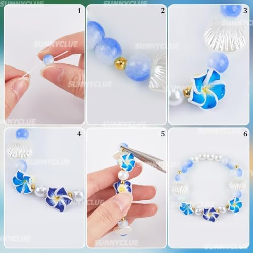 SUNNYCLUE 1 Box 174Pcs DIY 6 Sets Bracelet Making Kit Plumeria Flower Beads Polymer Clay Beads Summer Ocean Hawaiian Shell Bead Imitation Pearl Beads for Jewelry Making Kits Adult Women Gifts Supplies - Image 6