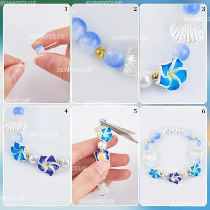 SUNNYCLUE 1 Box 174Pcs DIY 6 Sets Bracelet Making Kit Plumeria Flower Beads Polymer Clay Beads Summer Ocean Hawaiian Shell Bead Imitation Pearl Beads for Jewelry Making Kits Adult Women Gifts Supplies - Image 6