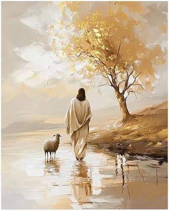 bitCNY Paint by Numbers for Adults, Jesus and Sheep DIY Acrylic Painting Kit, Christian Paint by Number Canvas Art with Golden Tree, Religious Home Wall Decor, 16x20 Inch by bitCNY