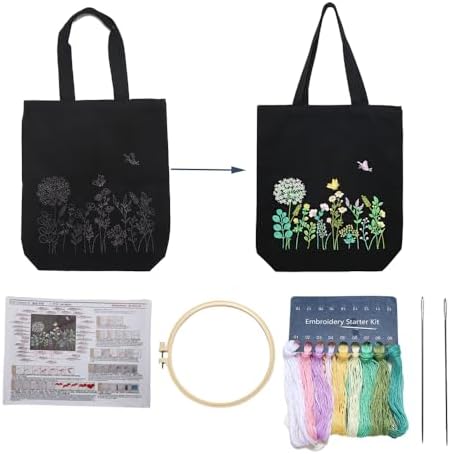 VWV-Whizzing Embroidery Canvas Tote Bag DIY Kit for Beginners, Complete with Pattern, Hoops, Color Threads, Tools & Detailed Instructions for Adults (13X15(in) Black-Bu) by Unknown