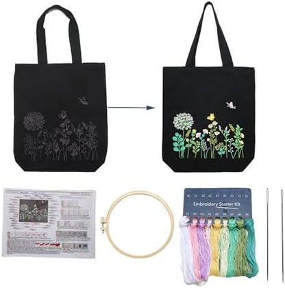 VWV-Whizzing Embroidery Canvas Tote Bag DIY Kit for Beginners, Complete with Pattern, Hoops, Color Threads, Tools & Detailed Instructions for Adults (13X15(in) Black-Bu) by Unknown