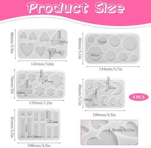 Resin Earring Molds, 5 PCS Epoxy-Resin Jewelry Mold Silicone Jewelry Pendant Mold Dangle Drop Earrings Resin Casting Molds with Built-in Holes for Earrings, Necklace, Pendants, Keychains Making - Image 2