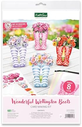 Katy Sue Wonderful Wellington Boots (Rubber Boots) Card Making Kit. 8 Shaped Cards, 2 Sheets of Die Cut Decoupage, 8 Envelopes, Adhesive Pads, & Instructions. for Card Making Supplies & Papercrafting by KatySue