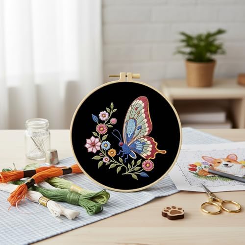 FRANDEK DIY Flower Butterfly Stamped Embroidery Kit with Hoop for Adults - Image 4
